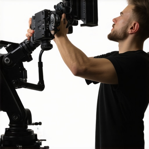 Filmmaker using robotic camera support for dynamic cinematic shots.