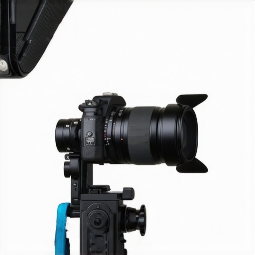 Cine Lens on Camera Rig Professional cine lens mounted on a camera support rig in a studio setting