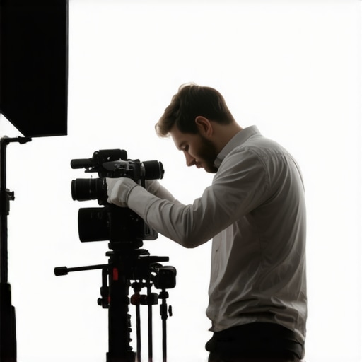 Expert filmmaker with support gear Filmmaker adjusting camera support in studio environment
