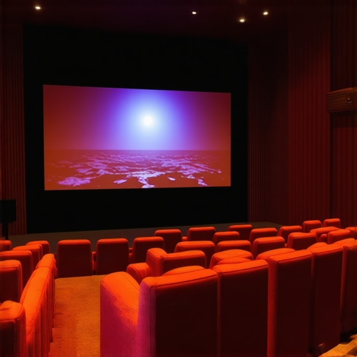 A high-tech home cinema setup with a sleek projector and dynamic lighting