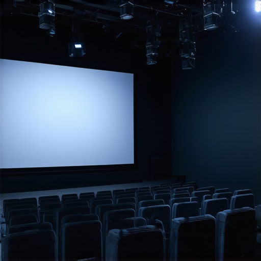 Professional Cinema Projection System in Action A professional cinema projector casting an image onto a high-quality projection screen in a dimly lit theater