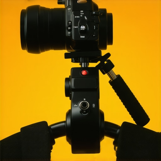 Photograph of a camera support stabilizer being calibrated with digital tools in a film studio.
