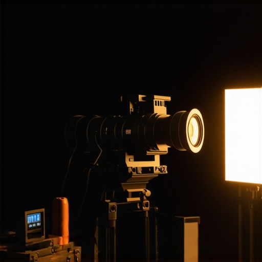 Professional cinema projector with calibration tools in a dark room