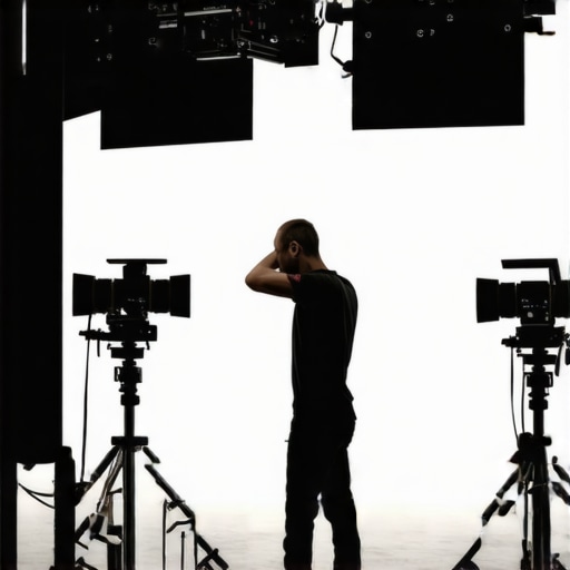 Support stands, LED lighting, and camera mounts on a film set with crew adjusting equipment.