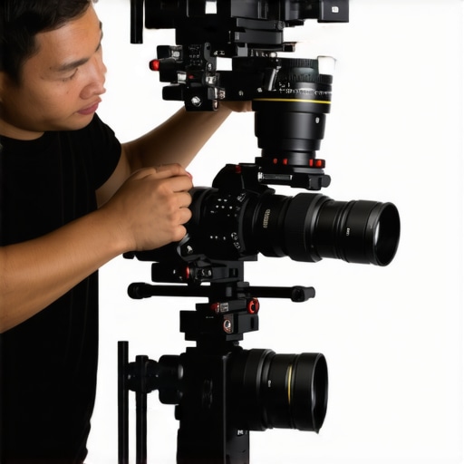 A videographer adjusting lenses on a professional camera rig in a studio.