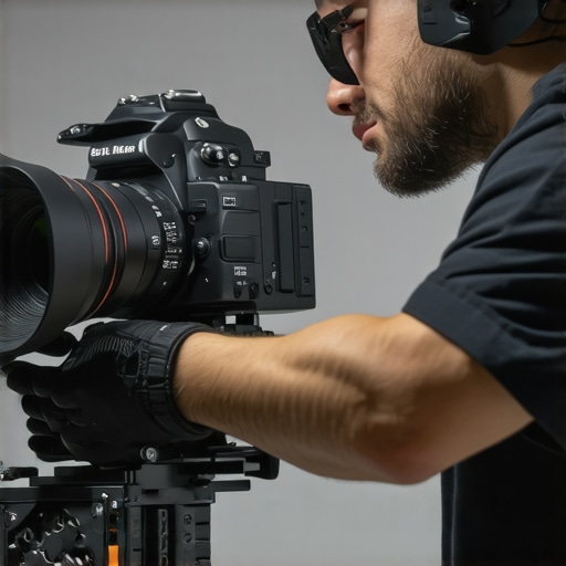 Technician cleaning cinema camera with cleaning kit, focusing on equipment care.