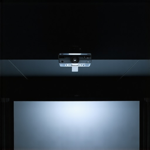 A high-quality home theater with projector mounted on ceiling and stabilized support in a dark room