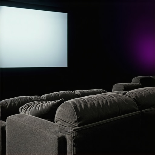 Modern home theater with projection screen and ambient lighting
