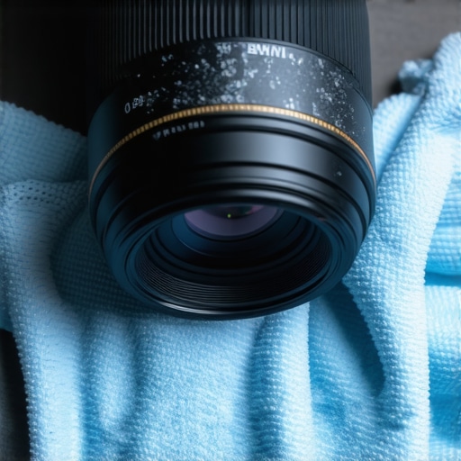 A camera lens being gently cleaned with a microfiber cloth in a professional studio setting.