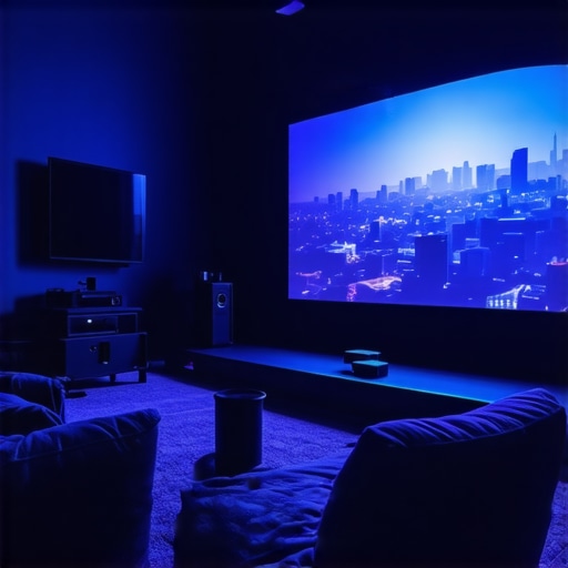 A modern home theater room with projector and large screen ensuring optimal viewing experience.
