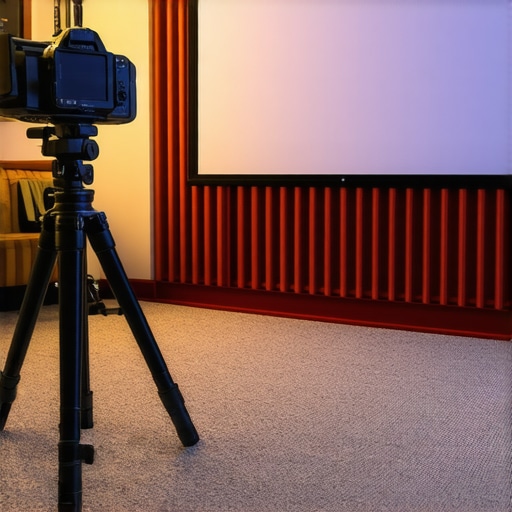 A filmmaker's workspace with camera on tripod, soft lighting, and a projection screen in a small studio.