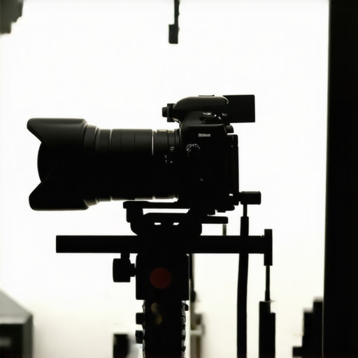 Camera mounted on a stabilizer during a film shoot.