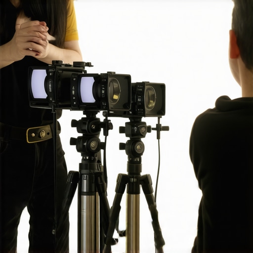 Film crew adjusting camera supports and lighting on a modern film set