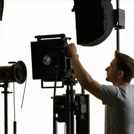 Technician checking film support rigs and lighting fixtures in a studio environment.