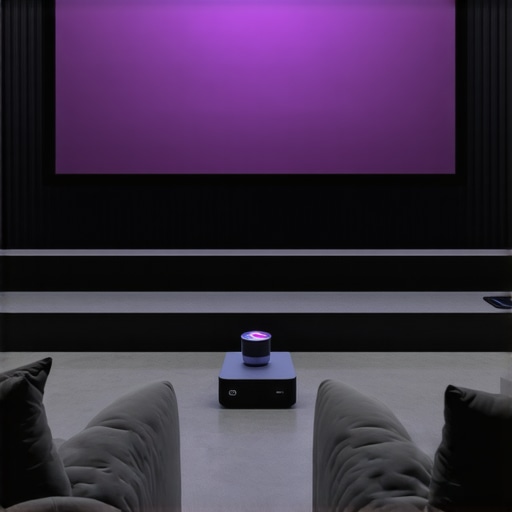 A person calibrating a projector in a home theater with an ambient light rejection screen, showcasing setup process.