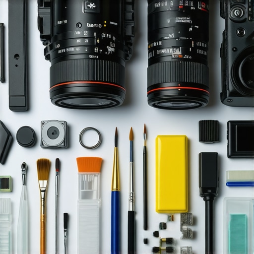 Professional Film Equipment Maintenance Tools A collection of high-quality film camera maintenance tools on a workbench for optimal equipment care.