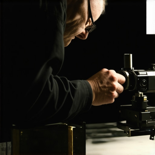 Technician using digital calibration tools on a cinema projector during maintenance.