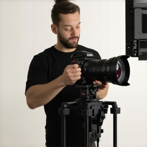 Professional Cameraperson Performing Equipment Maintenance Technician calibrating cinema lenses and maintaining camera supports in a studio.