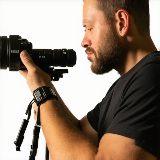 Professional Film Equipment Maintenance Filmmaker examining camera support rig with calibration tools