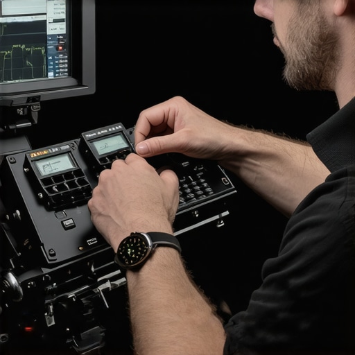 Technician inspecting film support gear with calibration tools.