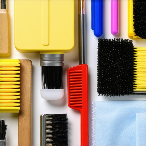 Array of tools and cleaning supplies arranged for cine equipment maintenance