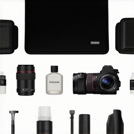 Professional film equipment maintenance tools laid out neatly with supporting devices like thermal camera and cleaning systems