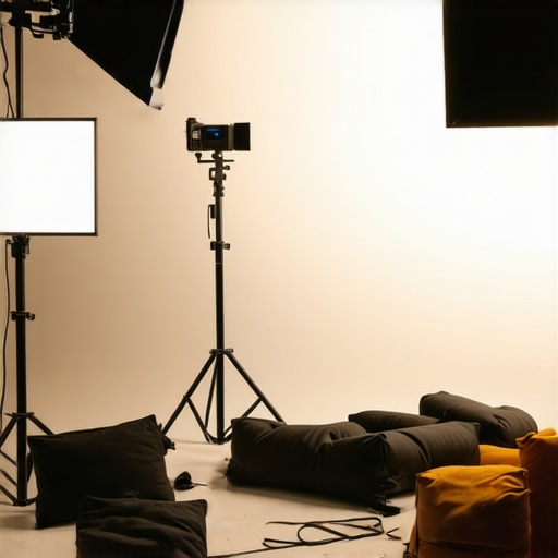 Heavy-duty support equipment for cinematic lighting Cinematic support gear including steel C-stands with sandbags supporting large film lights.