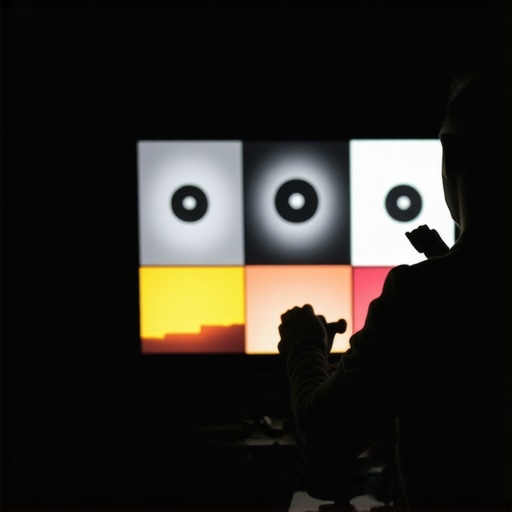 High-Resolution HDR Projector Calibration Technician calibrating a cinema projector with test patterns and AI calibration software in a dark theater.