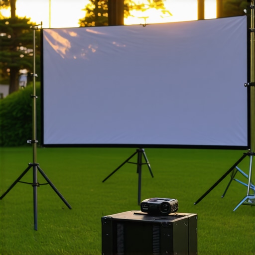 A professional outdoor projection scene showing projector on tripod, large screen, and ambient outdoor setting