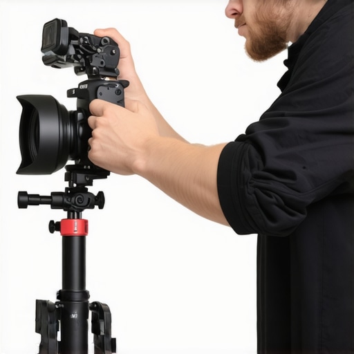 Precise support setup for heavy camera rigs Filmmaker calibrating a heavy-duty support system with high-precision equipment