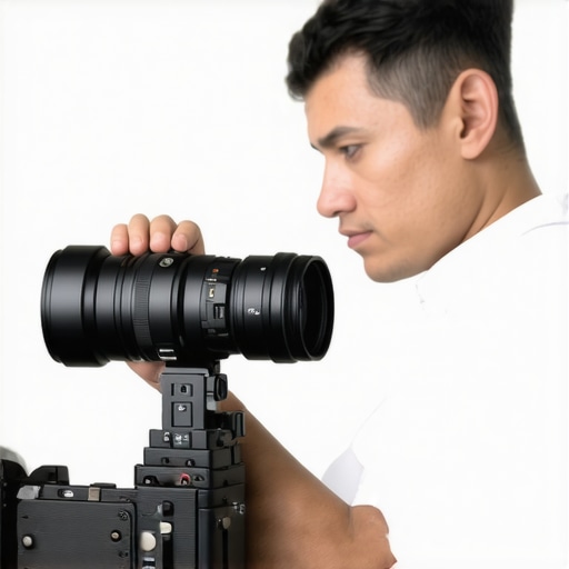 Technician using calibration equipment on cinema lens to ensure optimal focus and performance