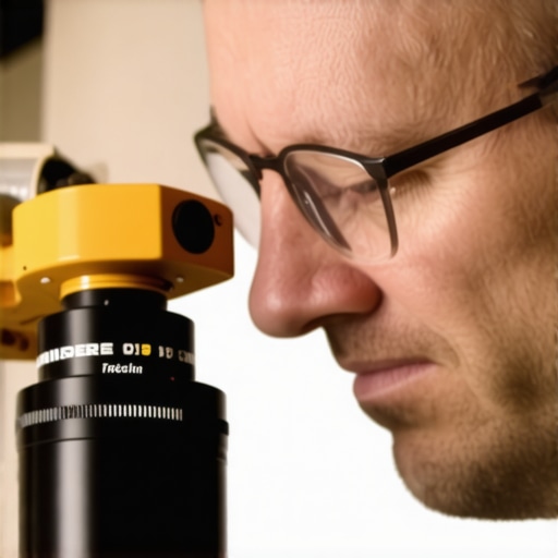 Technician calibrating a cine lens with electronic shimmer chart, emphasizing high-precision gear maintenance.