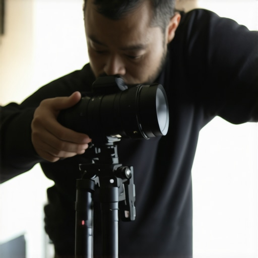A filmmaker adjusting an advanced camera support with cine lenses in a studio