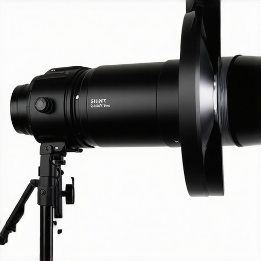 A high-quality silent GaN LED spotlight mounted on a sturdy tripod in a professional film studio.