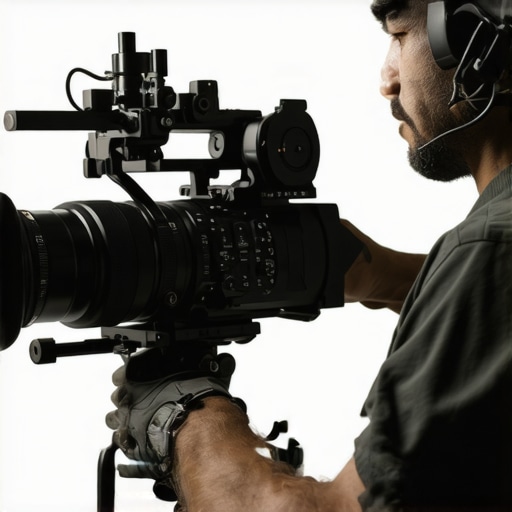Filmmaker cleaning and checking professional cinema equipment in studio