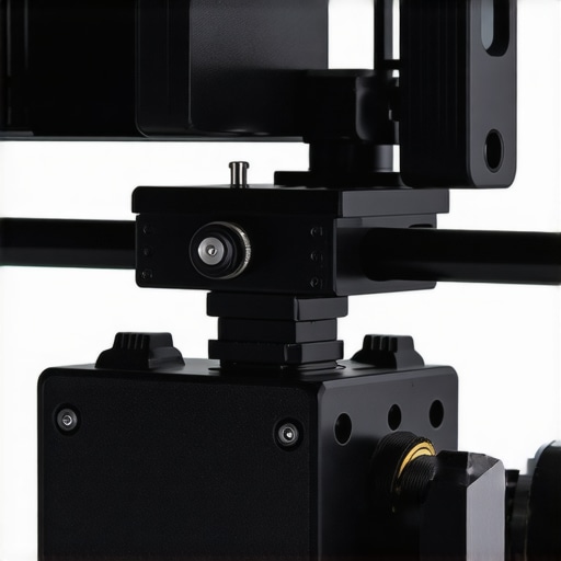 Close-up of a tungsten baseplate on a film camera rig with vibration damping features.