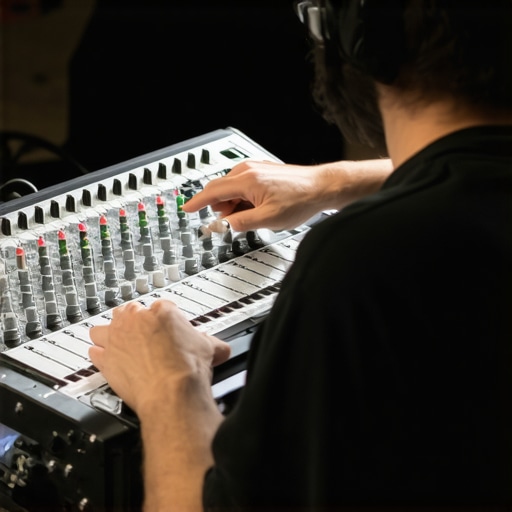 Adjusting Audio Gain on a Sound Mixer Audio engineer fine-tuning gain levels on a sound mixing console during a film production.