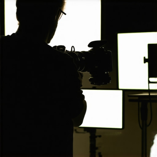 Cinematographer setting up camera equipment with projection screen behind.