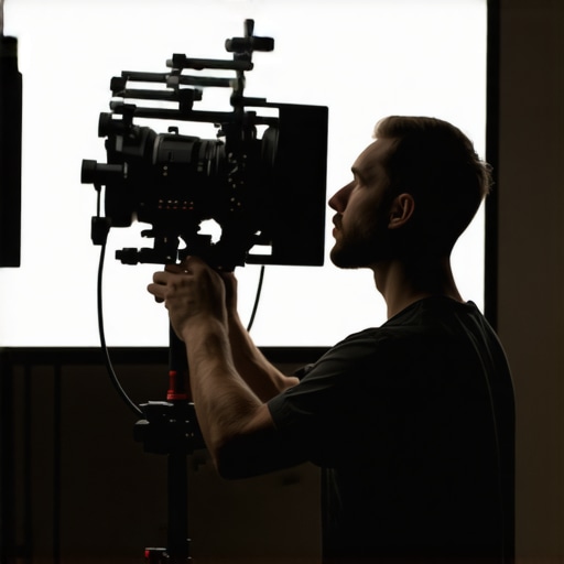 A person working on a professional lighting setup with RGBWW lights in a film studio.