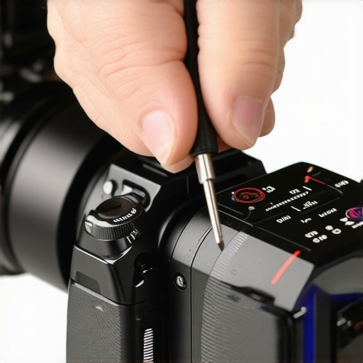 A technician fine-tuning a cine follow focus on a camera rig