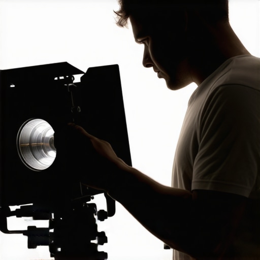 Lighting technician finely tuning a Fresnel lens on a film set