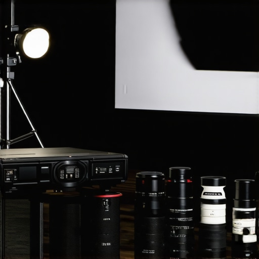 A sophisticated cinema setup with projector, cine lenses, camera support rigs, and projection screen