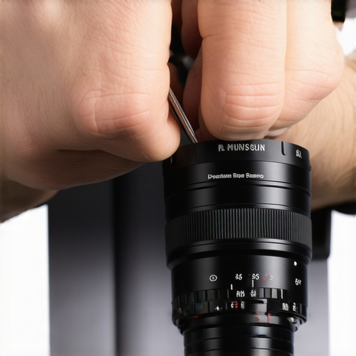 Close-up of gear technician mounting a cine lens with a PL mount to a professional camera system.