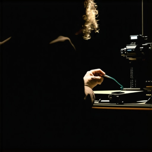 Technician using tools to calibrate a professional cinema projector in a dark theater.
