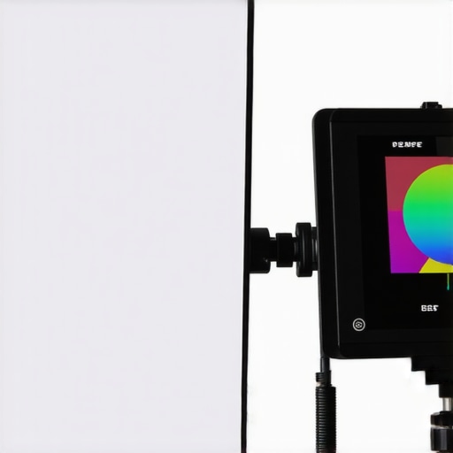 A technician adjusting a budget LED light using a color meter during a film shoot.