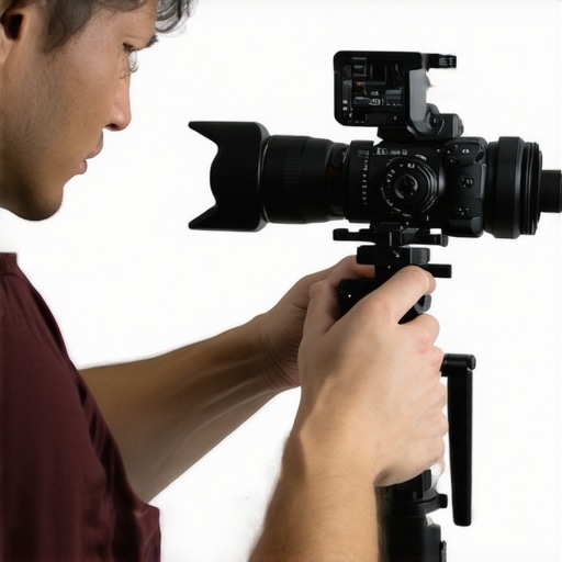Calibration Tool in Action Technician calibrating cinema support gear with a digital device in a professional studio setup