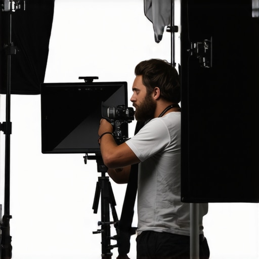 Cinematographer adjusting camera setup with flags and matte box to minimize lens flare during outdoor shooting