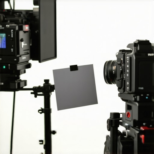 Camera calibrating with a grey card on set Filmmaker adjusting camera settings using a grey card on film set