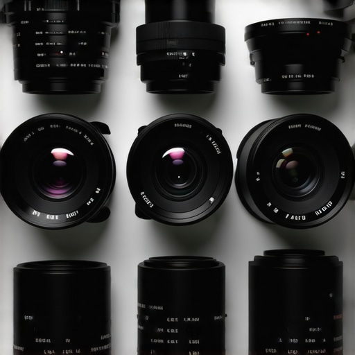 Collection of professional cine lenses with labels indicating their key optical characteristics.
