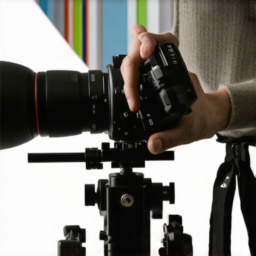 Filmmaker inspecting camera support gear using specialized tools in a controlled studio setting